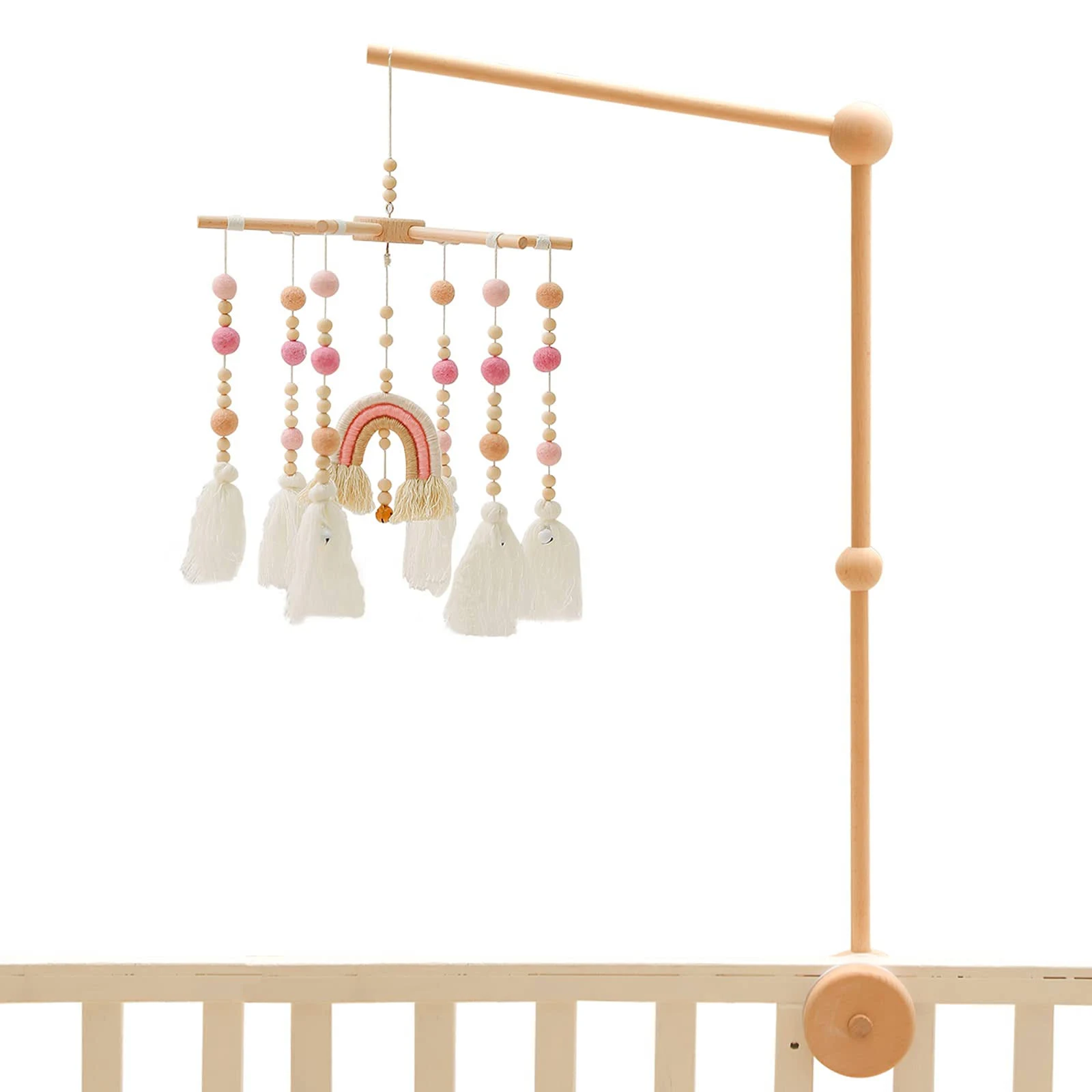 Baby Crib Mobile,Crib Mobile Wooden Mobile with Colorful Cotton Ball Wool Felt Ball Boho Baby Mobile Bassinet Mobile for Crib,Mobile for Baby Nursery and Ceiling Decoration