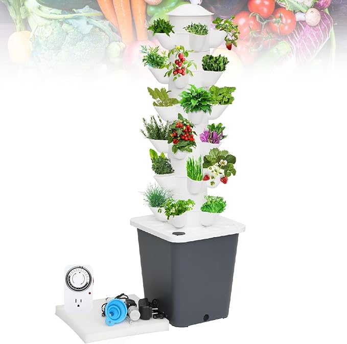 Hydroponic Growing Tower System Garden Tower-Hydroponics Tower for Indoor Herbs,Fruits and Vegetables-Silent Pump Garden Tower with Timer Automatic Watering