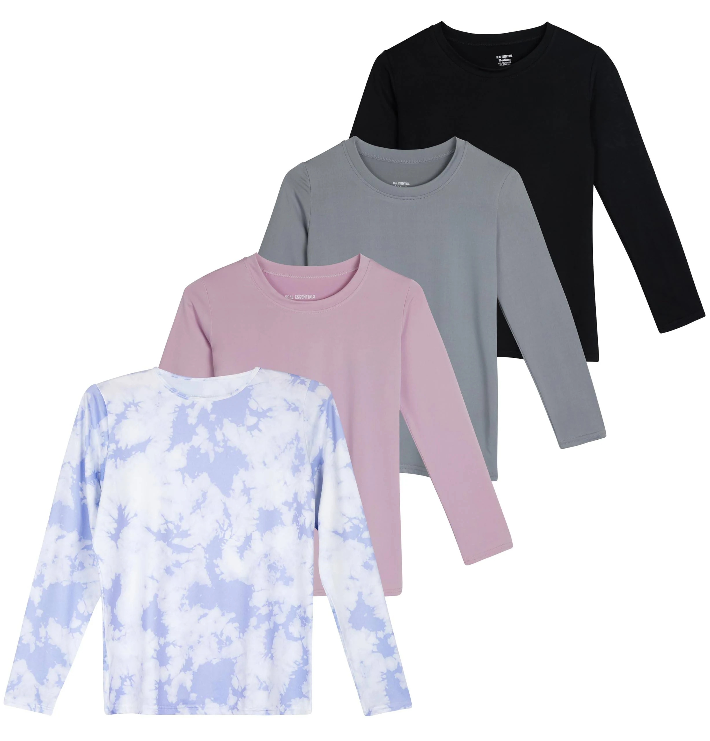 Real Essentials 4 Pack: Girls Dry-Fit Long Sleeve Active Crew Neck T-Shirt - Super Soft Tee