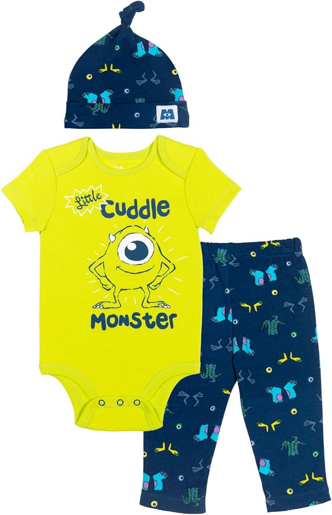 Disney Pixar Monsters Inc. Mike Newborn Baby Boys 3 Piece Outfit Set: Bodysuit Pants Hat Blue/Green 0-3 Months