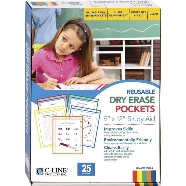 C-Line Reusable Dry Erase Pockets, 9 x 12, Assorted Primary Colors, 25/Box