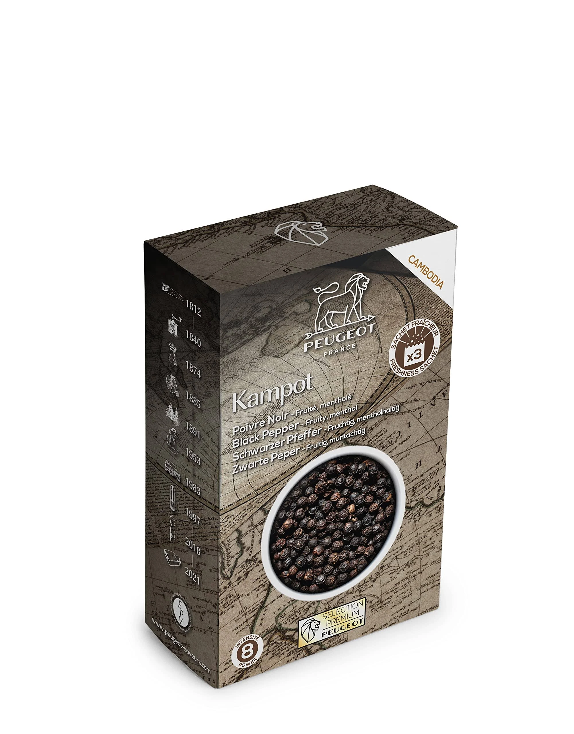 Peugeot Kampot Black Peppercorns from Cambodia, 60g - 3 fresh sachets of 20g