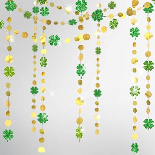 Gold Circle Dots Glitter Shamrock Clover Garland for St Patrick’s Day