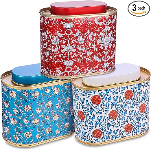 3-Pack Large Tea Tins for Loose Tea with Lid - Metal Sealed Jar Tea Canister Oval Shape 3.53~7oz Small Tin Cans Loose Tea Storage Kitchen Canisters