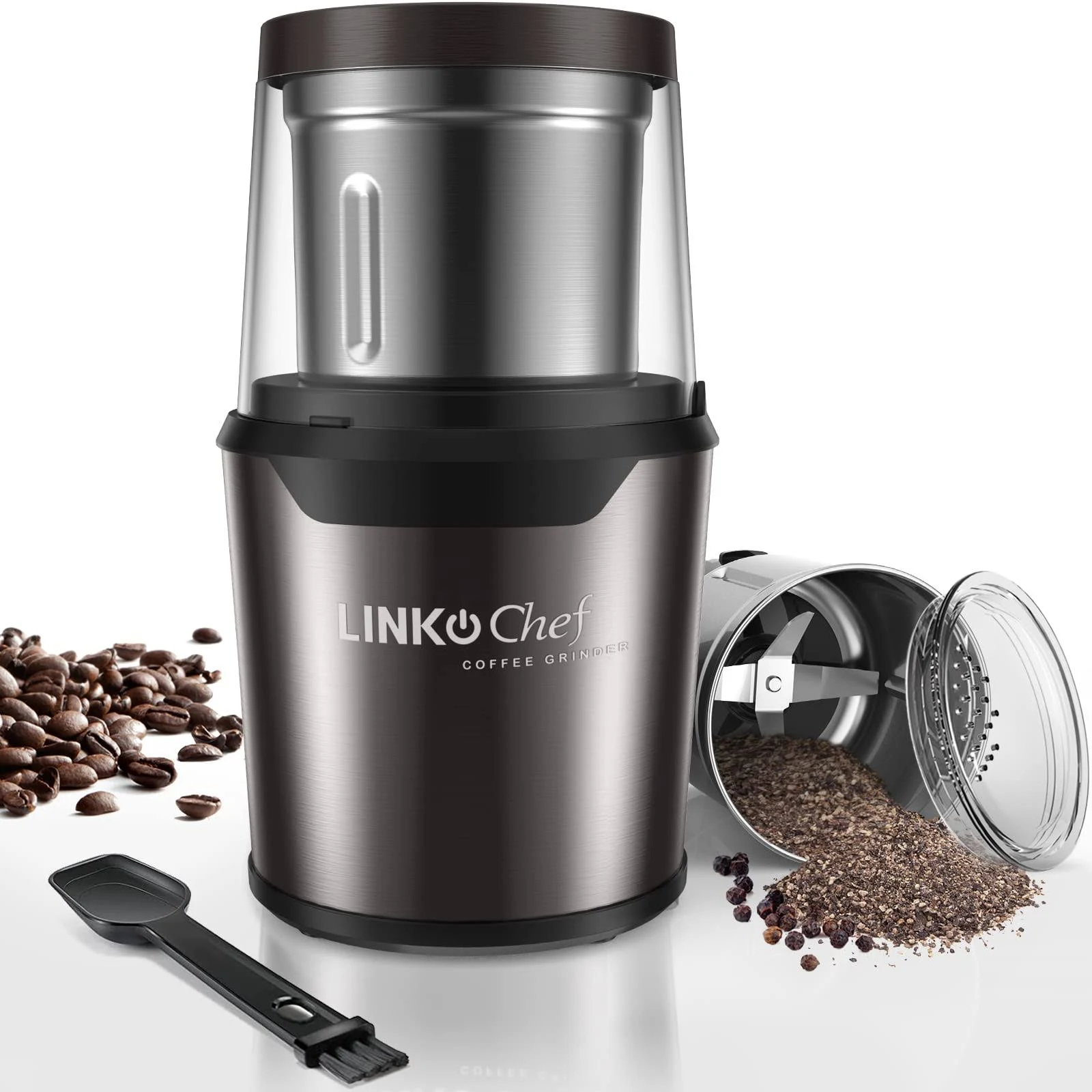 LINKChef Coffee Grinder, Spice Grinder with 4 Blades for Coffee Beans, Spice, Tea - New (Silver)