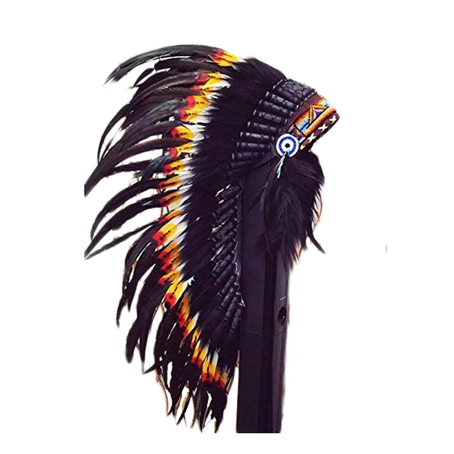 Medium Double Feather Headdress Native American Style, Black, ONE SIZE