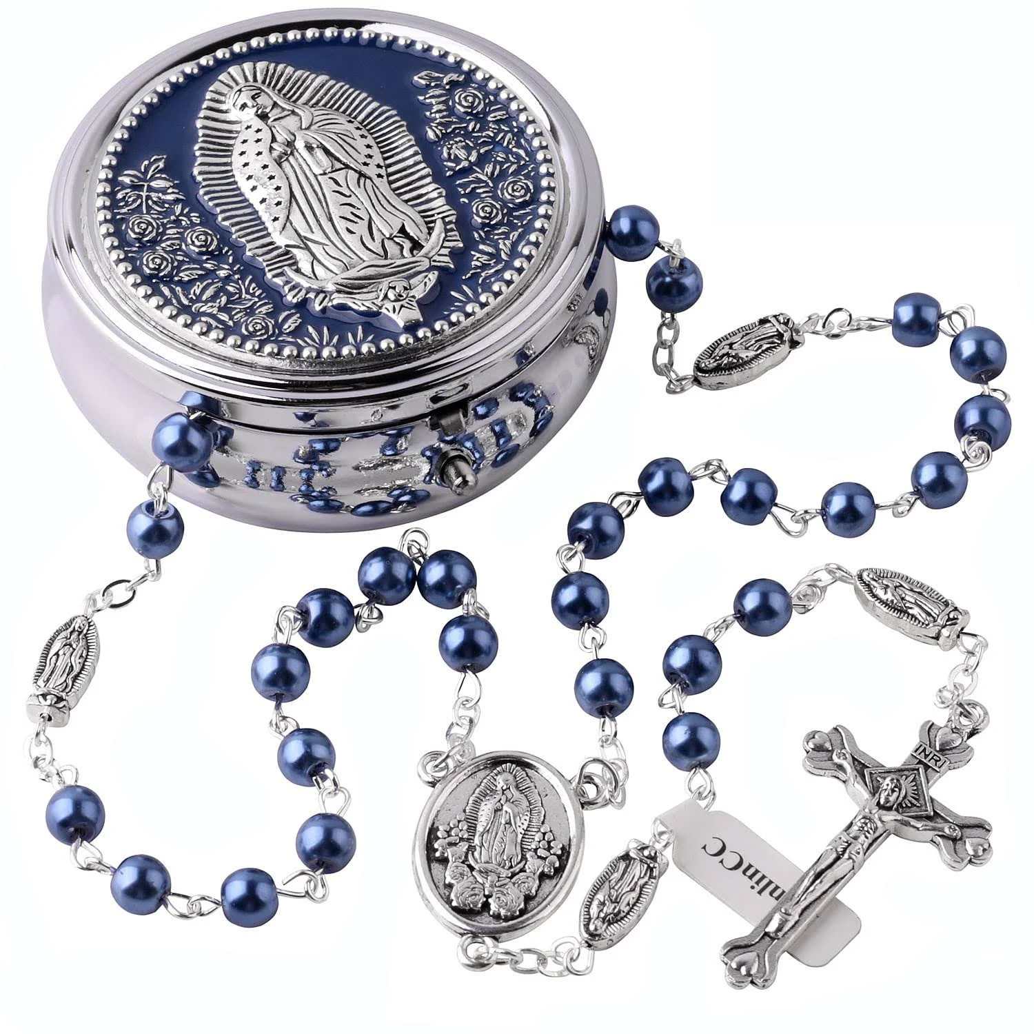 HanlinCC 6mm Glass Pearl Beads Catholic Our Lady of Guadalupe Rosary Necklace for Women and Men with Virgin Mary Center Piece and Crucifix with Metal Gift Box