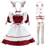 LISANEK Maid Outfit Anime Cosplay Lolita Maid Dress French Maid Costume Plush Cat Ears Socks Set (S, Red)