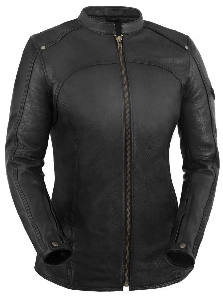 True Element Womens Longer Length Scooter Collar Leather Motorcycle Jacket (Black, Sizes XS-3XL)