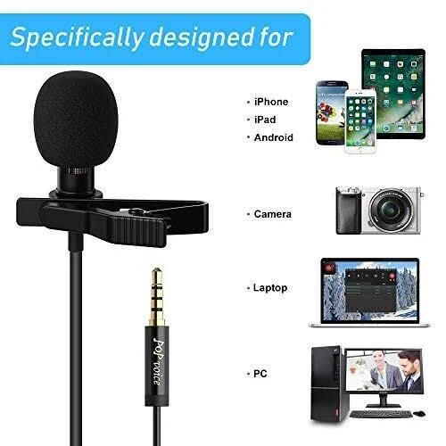 Pop Voice 12.8 Feet Lavalier Lapel Microphone Professional Grade Omnidirectional Mic Condenser Small Mini Perfect for Recording Podcast PC Laptop