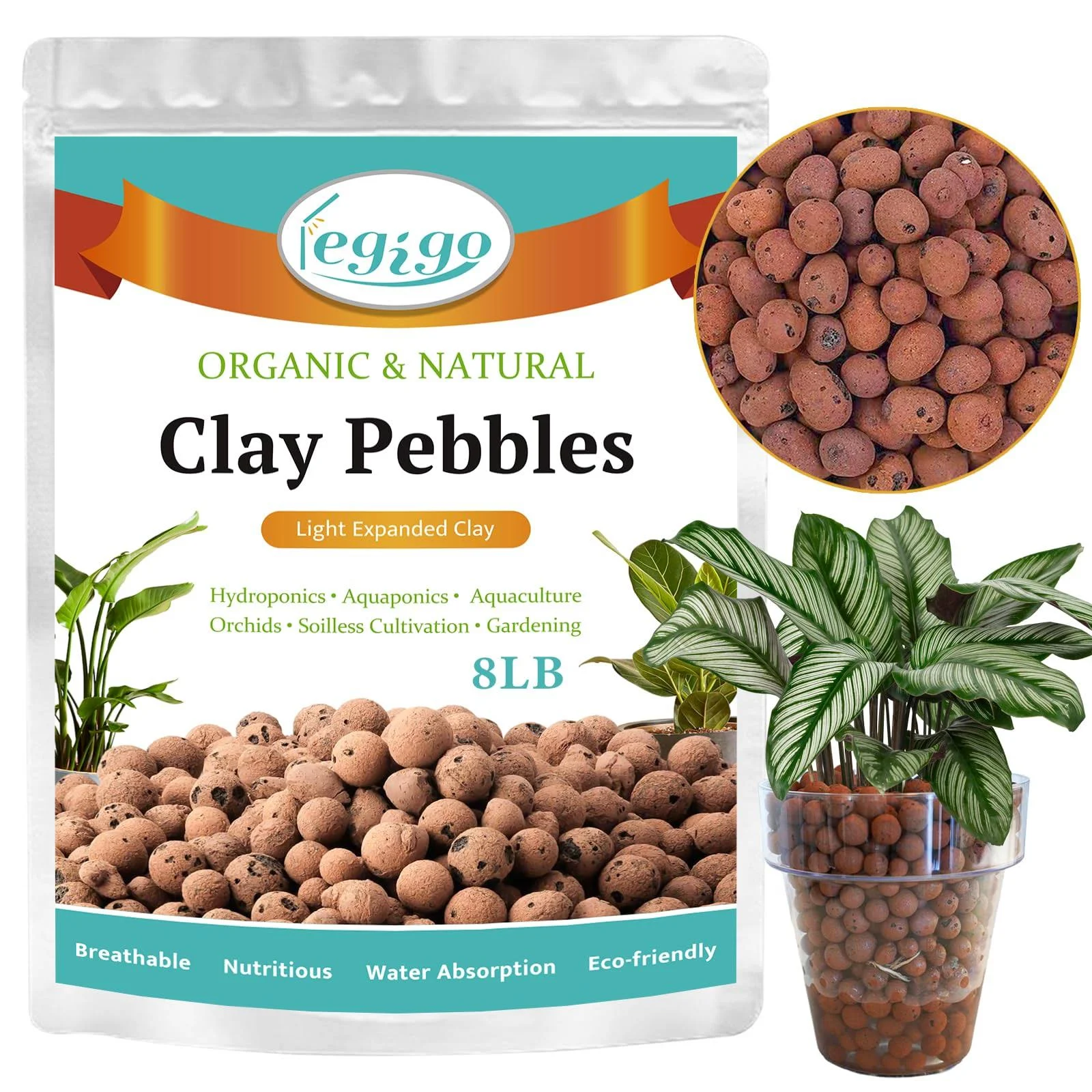 Legigo 8 lbs Organic Expanded Clay Pebbles 4mm-16mm Lightweight Clay Leca Balls for Plants Natural Hydroton Clay Pebbles for Hydroponic & Aquaponics