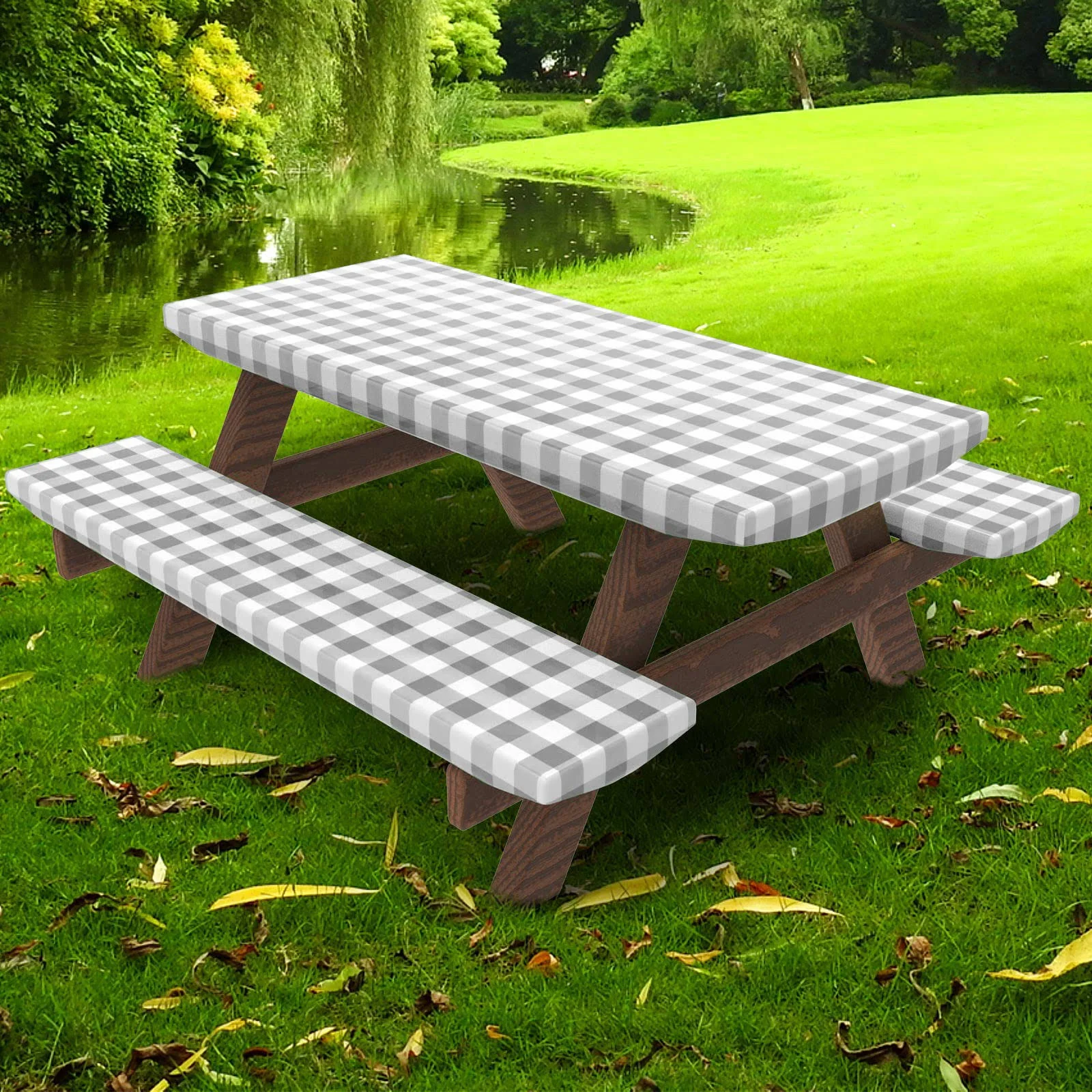 3pcs, Vinyl Table Cover Set, Plaid Pattern Simple Style Table Cover With Bench Cover, Field Table Cover, Flannel Backing, Suitable For Outdoor/Indoor Parties And Dining