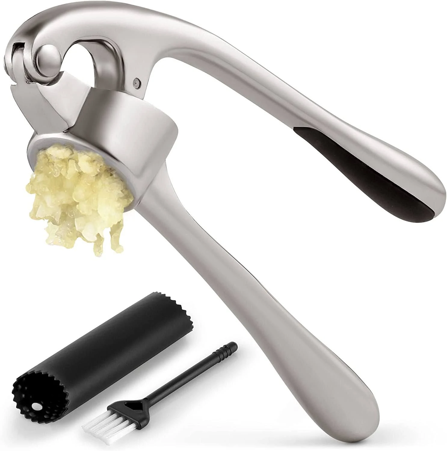 Zulay Kitchen Garlic Press and Peeler Set with Silicone Peeler & Brush, Silver