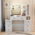 VIAGDO Vanity Desk with Openable Mirror, Lights, Glass Tabletop Makeup Vanity Set, Charging