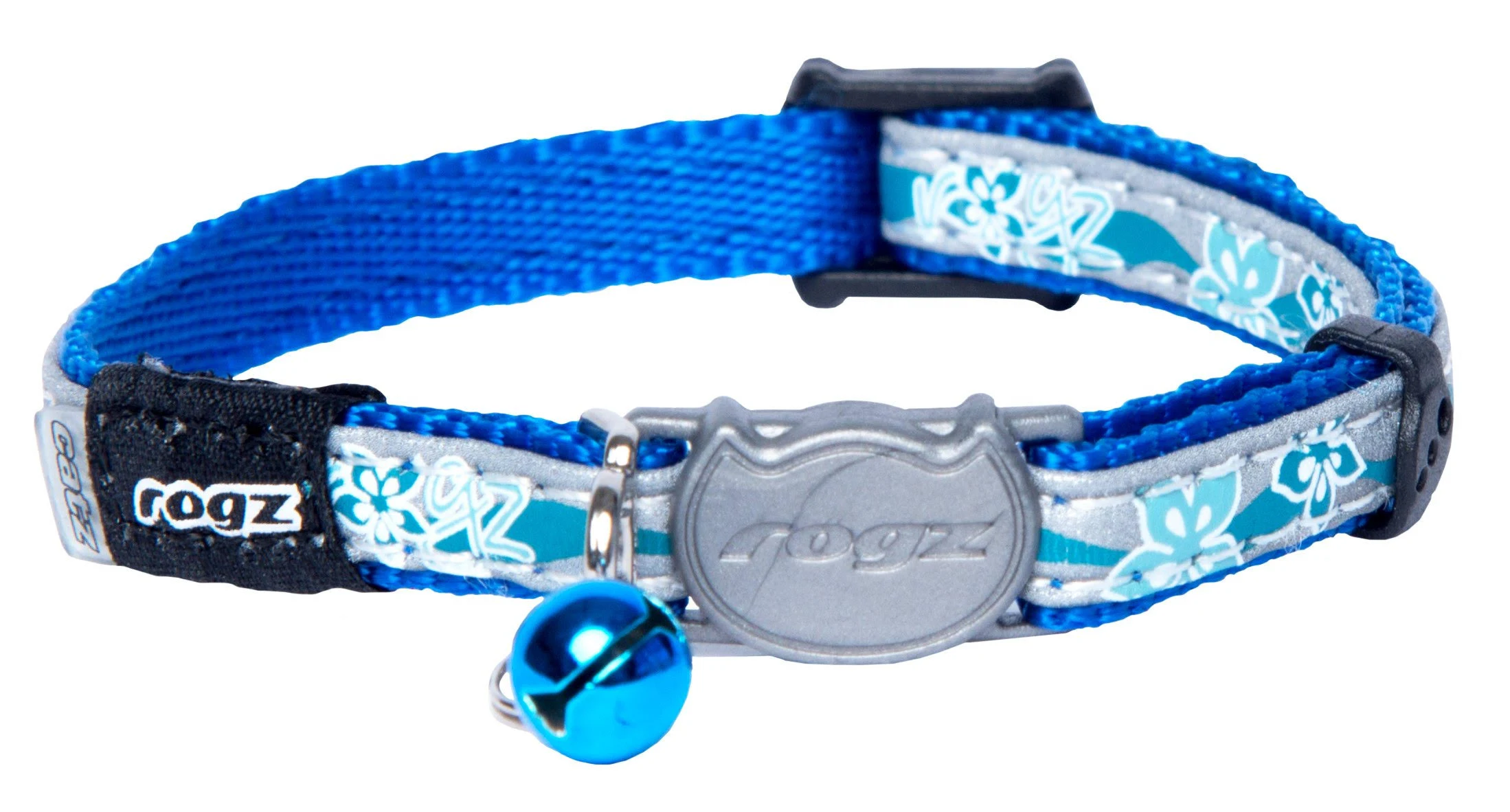 Rogz Reflective Cat Collar with Breakaway Clip and Removable Bell, fully adjustable to fit most breeds, Blue Floral Design