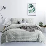 SUSYBAO Green Gingham Duvet Cover Queen 100% Washed Cotton Plaid Duvet Cover Set 3 Pieces 1 Green Grid Duvet Cover with Zipper Ties 2 Pillow Cases Luxury Soft Green Plaid Bedding Set Breathable