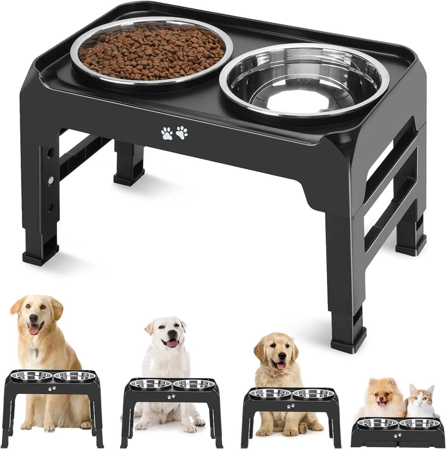 Elevated Dog Bowls, 4 Height Adjustable Raised Dog Bowl Stand with 2 Thick 50oz Stainless Steel Dog Food Bowls Non-Slip Dog Feeder for Medium Large Dogs Adjusts to 3.7", 9.2", 10.75", 12.36" Black