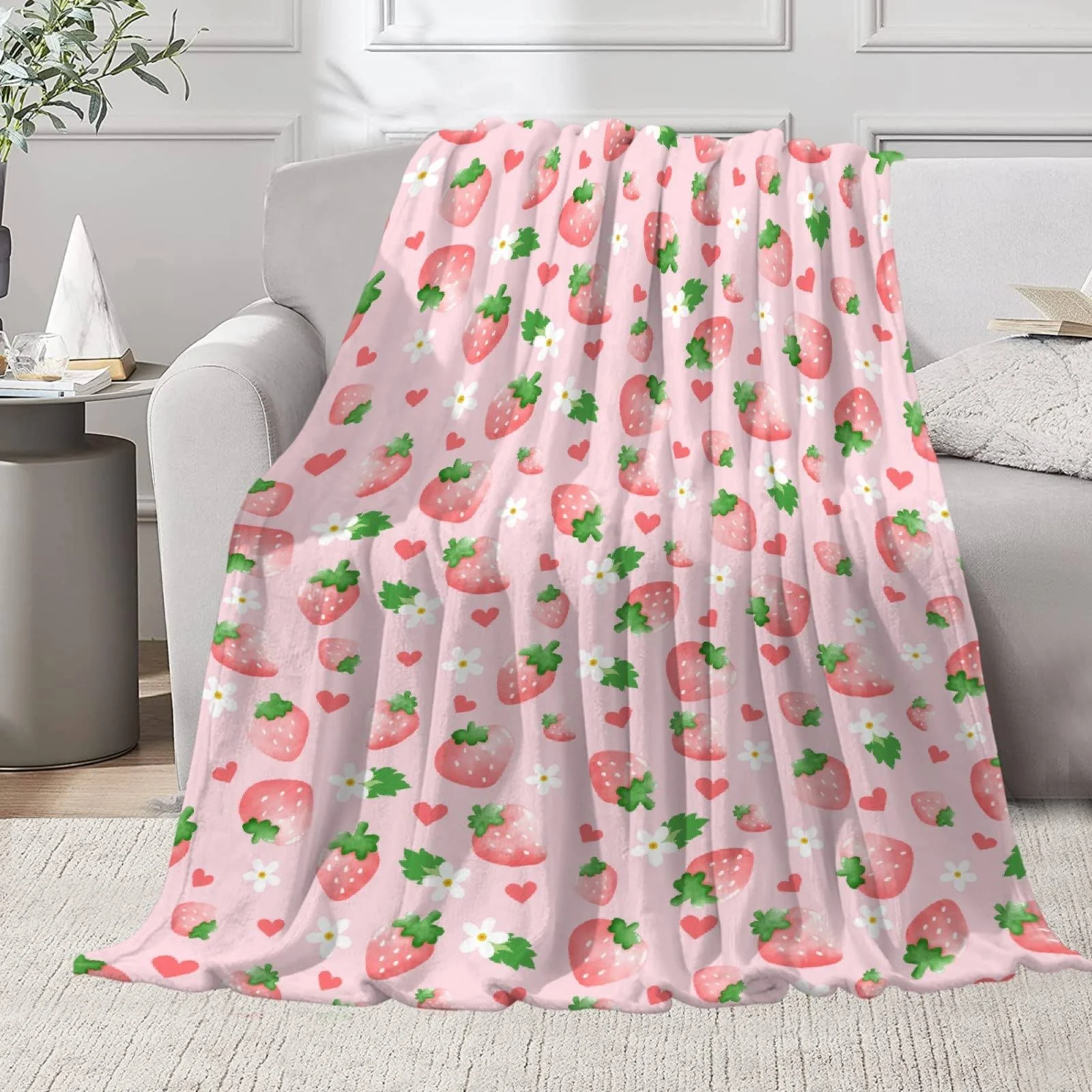 Strawberry Blanket | Plush Cozy Strawberry Flower Throw Blanket | 40"x50" Strawberry Gifts for Girls Kids | Strawberry Decor for Couch/Sofa/Bed/Room | Floral Strawberry Decor Gifts