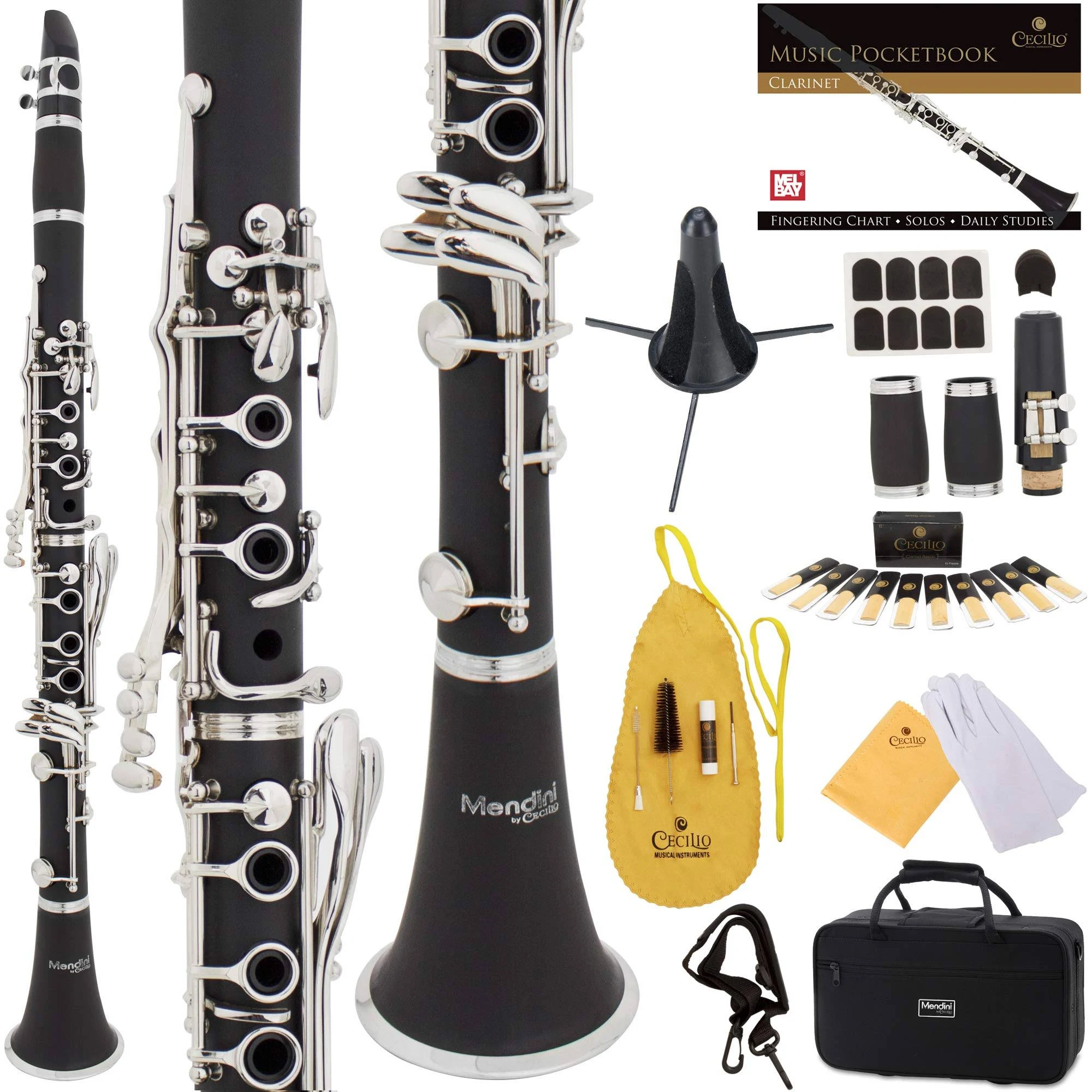 Mendini by Cecilio B Flat Beginner Student Clarinet with 2 Barrels Case Stand Pocketbook Mouthpiece 10 Reeds Mouthpiece Br