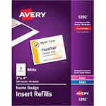 Avery 5392 Name Badge Insert Refills, White - 300/Box