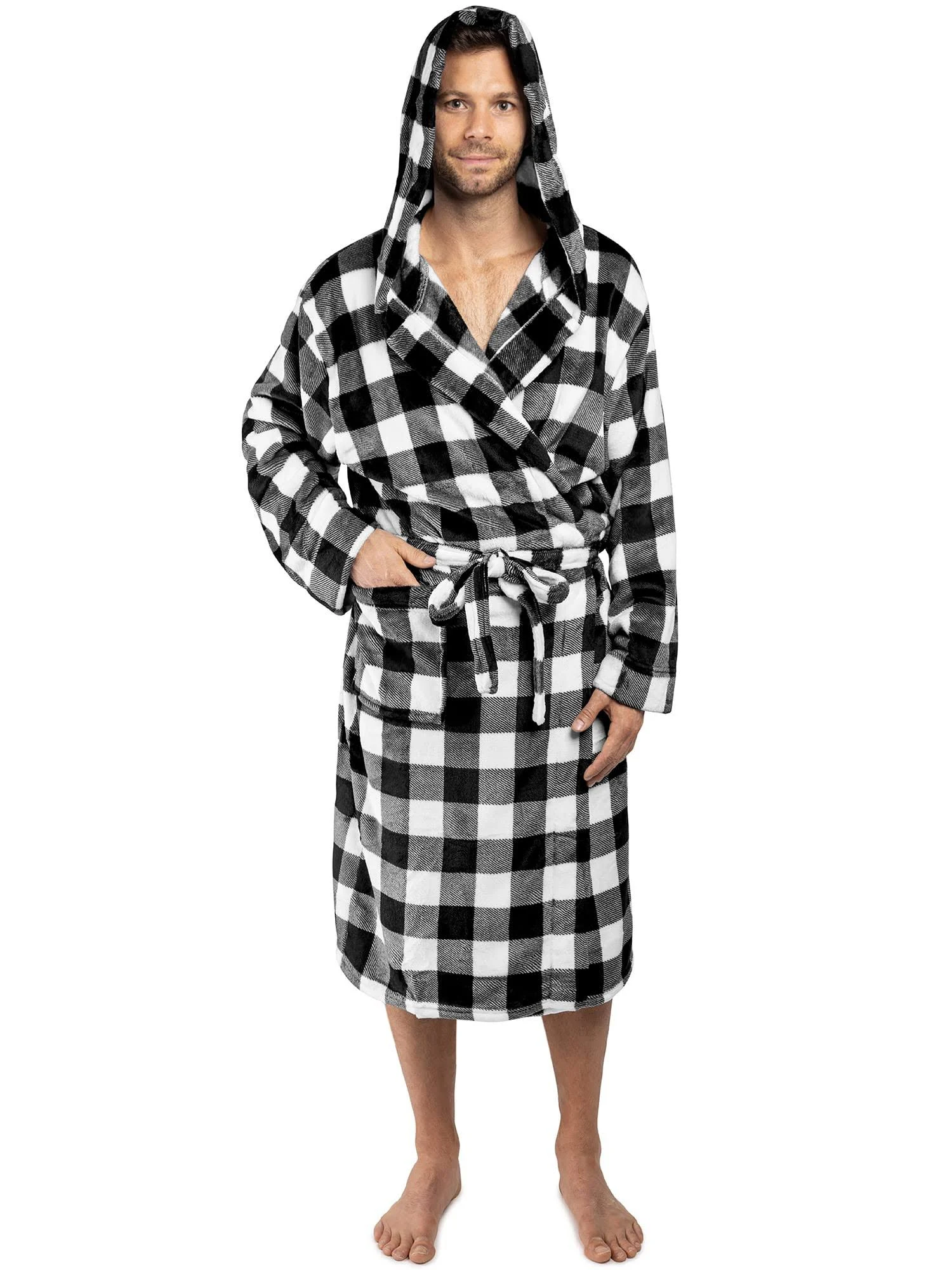 PAVILIA Mens Robe, Hooded Plaid Robe for Men, Warm Bathrobe with Hood Bath Shower Spa Robe with Shawl Collar, Pockets, Plush Soft Fleece - Buffalo