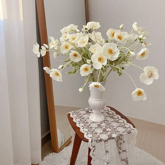 Kamang Artificial Poppy White Silk Flower (3 Stems) for Home Decor and Wedding. Real Touch White Fake Flower. White Flower Wedding Decor Bouquet Floral Arrangements Centerpieces (White)