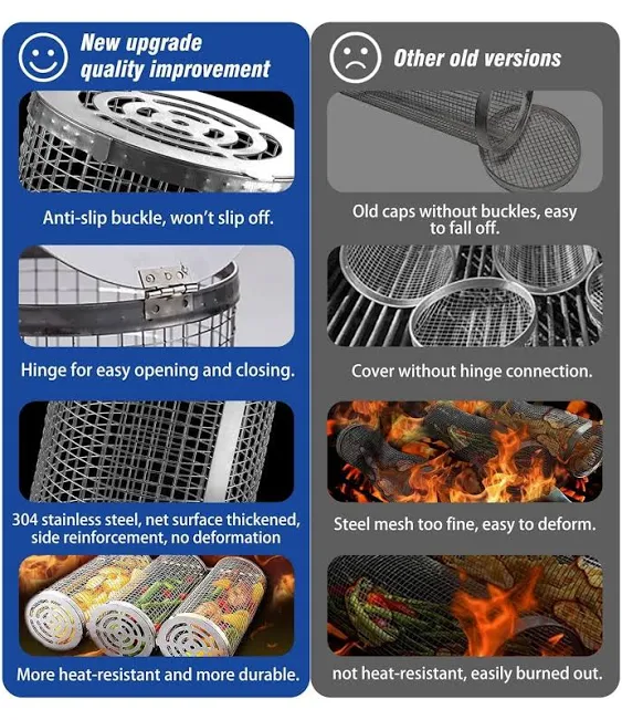 Rolling Grilling Baskets for Outdoor Grill Bbq Net Tube Stainless Steel Large Round Mesh Rotation Barbecue Cylinder Cage Cooking Accessories for Veggies Vegetable Fish Meat Food Camping, Gift for Men