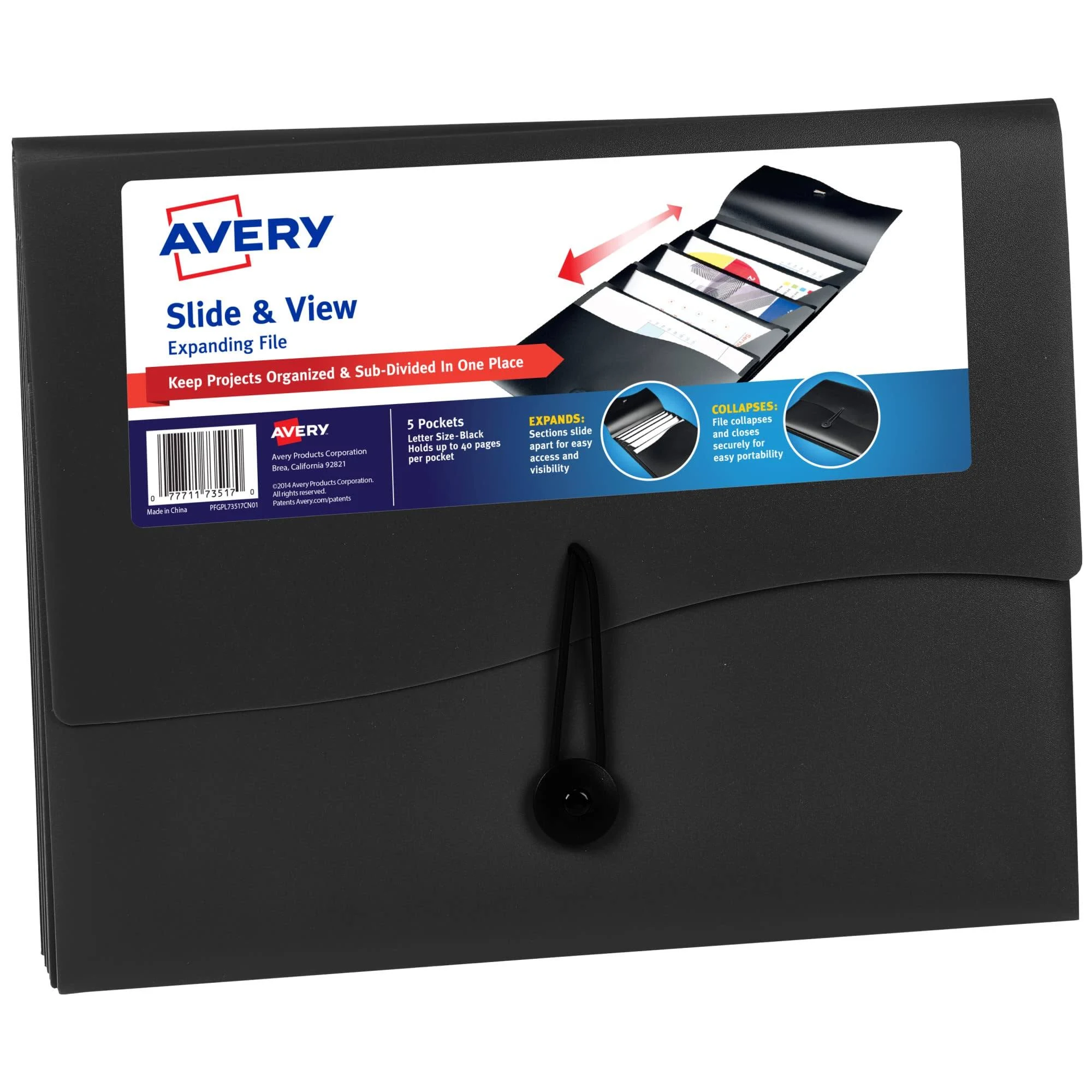 Avery Slide & View Expanding File Folder, 5 Pockets, Letter Size, 1 Black Folder (73517)