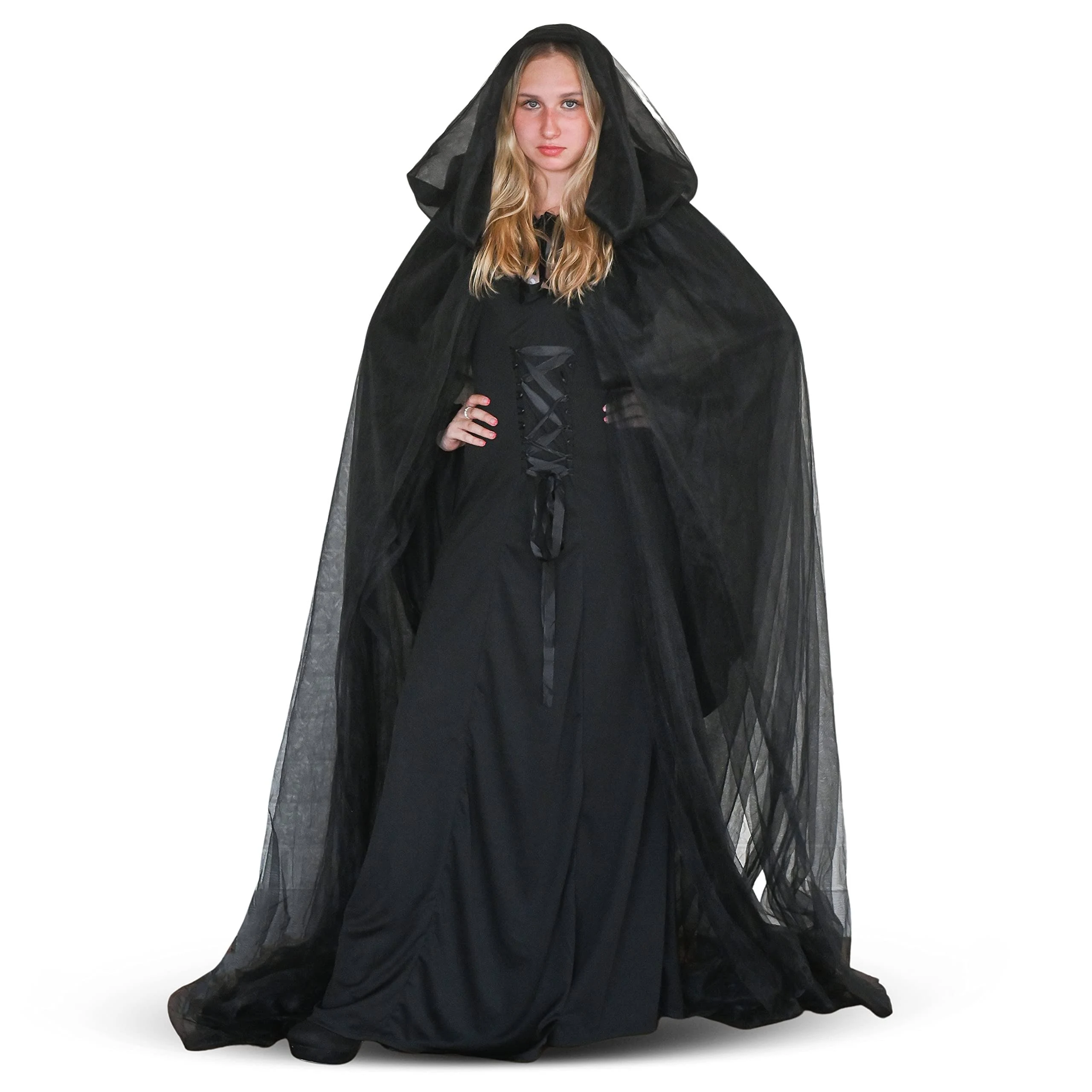 Skeleteen Black Hooded Tulle Cape Long Chiffon Medieval Net Robe Vampire Bride Sheer Cloak Costume for Adults and Teens