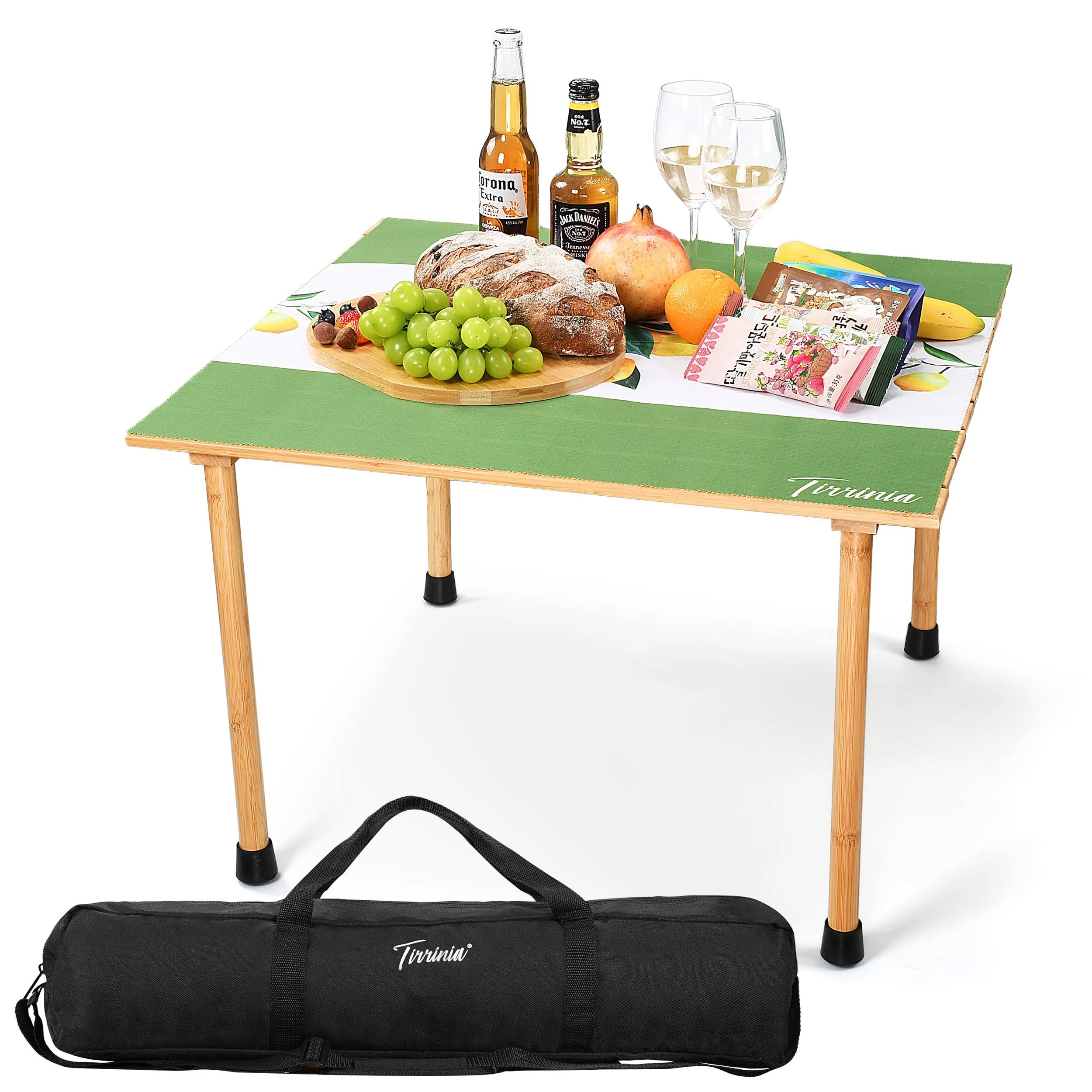 Tirrinia 26x26in Bamboo Picnic Table with Carrying Bag + Free Picnic Pad, Outdoor Portable All-Purpose Table for Concerts, Camping, Beach, Tailgating, Patio, Kitchen, Living Room