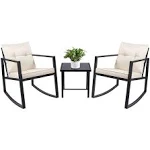 Devoko 3 Piece Rocking Bistro Set Wicker Patio Outdoor Furniture Porch Chairs Conversation Sets with Glass Coffee Table