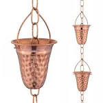 Copper Hammered Rain Chain – Decorative Chimes & Cups Replace Gutter Downspout & Divert Water Away from Home for Stunning Fountain Display – 8.5’ Long for Universal Fit – Bell Style