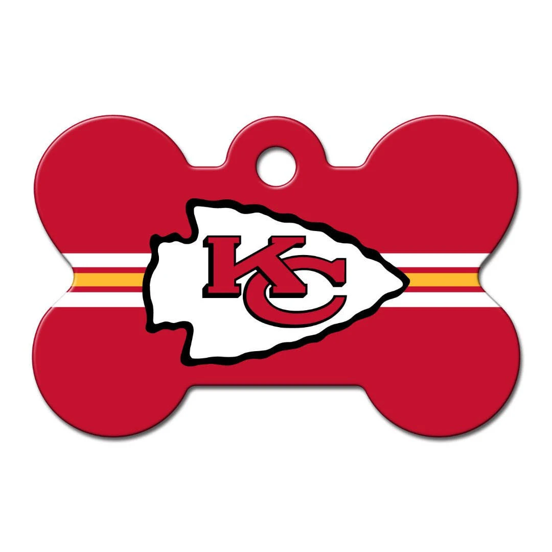 GoTags Personalized Kansas City Chiefs Dog Tag, Brass Metal Bone Shape Pet ID Tag Engraved with Name and Custom Text, Every NFL Football Team Pet Apparel (Large)