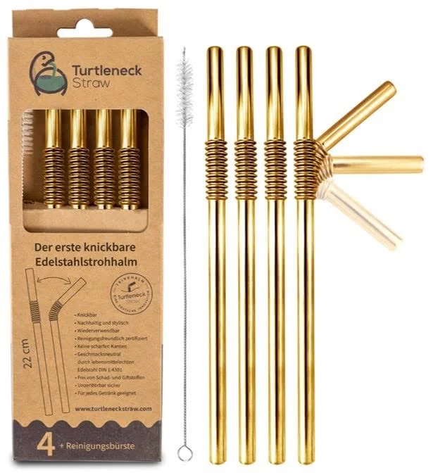 Bendable Straw | The Only Flexible Stainless Steel Straw | Patented & Hygienic Certified | Metal Straw | Reusable | Drinking Straws | 4 pcs Set + Straw Brush Cleaner (golden)