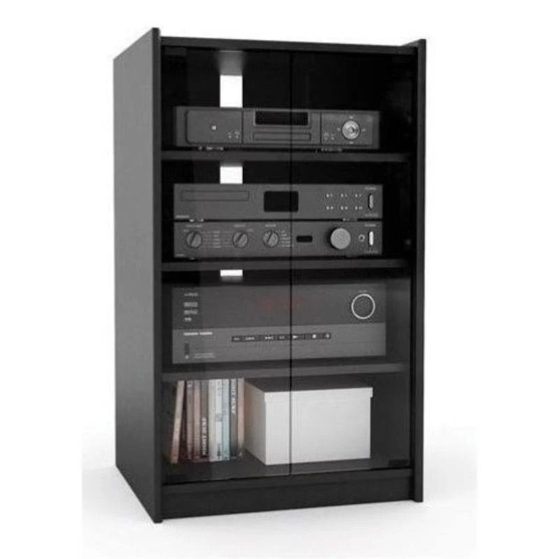 bowery hill audio video media stand with 4 shelves, modern av cabinet with glass doors, storage for entertainment stereo components for living, gaming, recording room