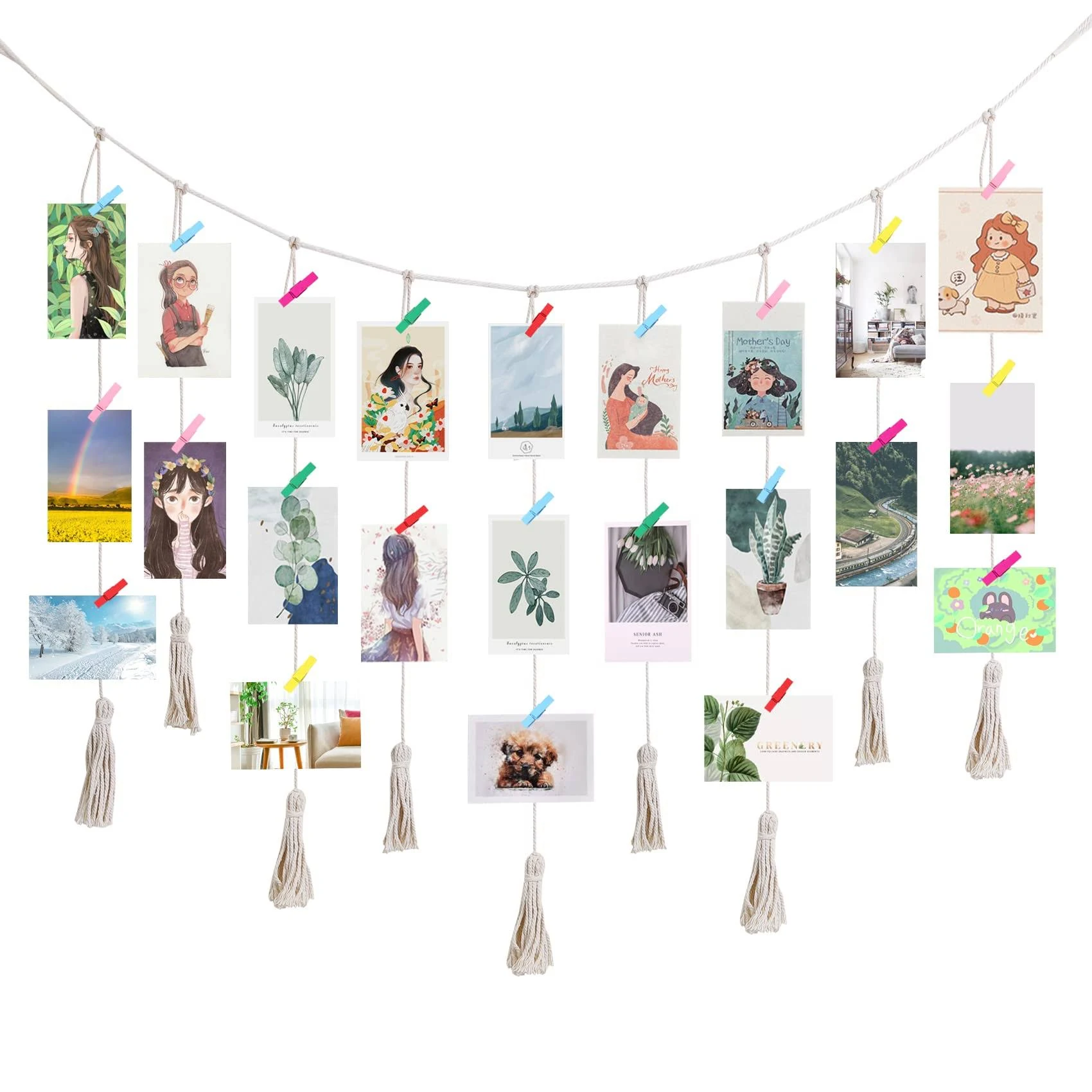 Hanging Photo Display, Macrame Wall Hanging Pictures Holders with 20 Wood Clips, Boho Collage Picture Frame for Wall Decoration, for Rustic Country Decor, Home, Office, Nursery Room