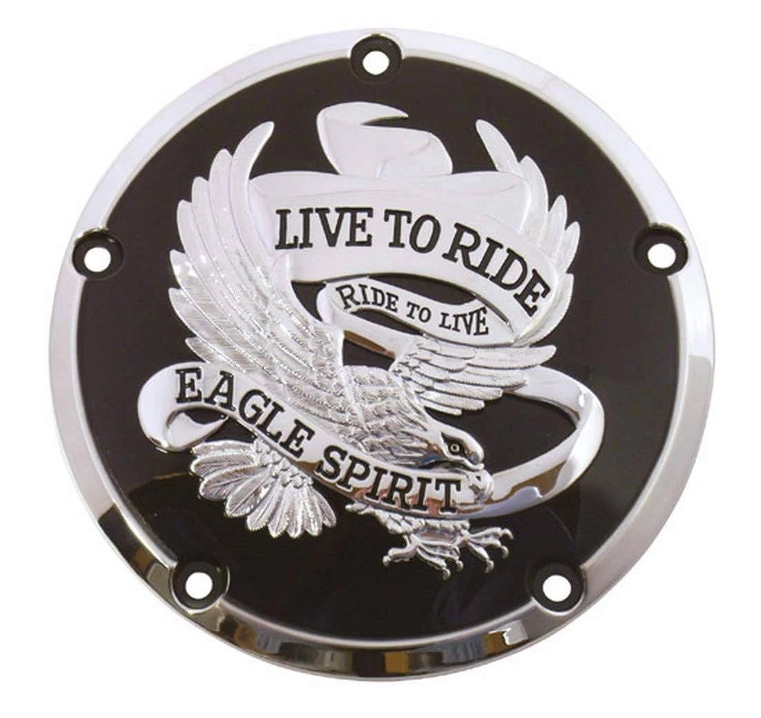 Black and Chrome &#039;Live to Ride&#039; Derby Clutch Cover for Twin Cam Models