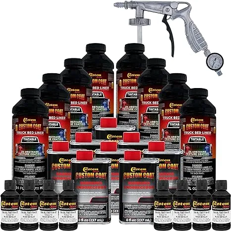 Custom Coat Black 2 Gallon (8 Quart) Urethane Spray-On Truck Bed Liner Kit with Spray Gun and Regulator - Easy 3 to 1 Mix Ratio, Just Mix, Shake and Shoot It - Durable Textured Protective Coating