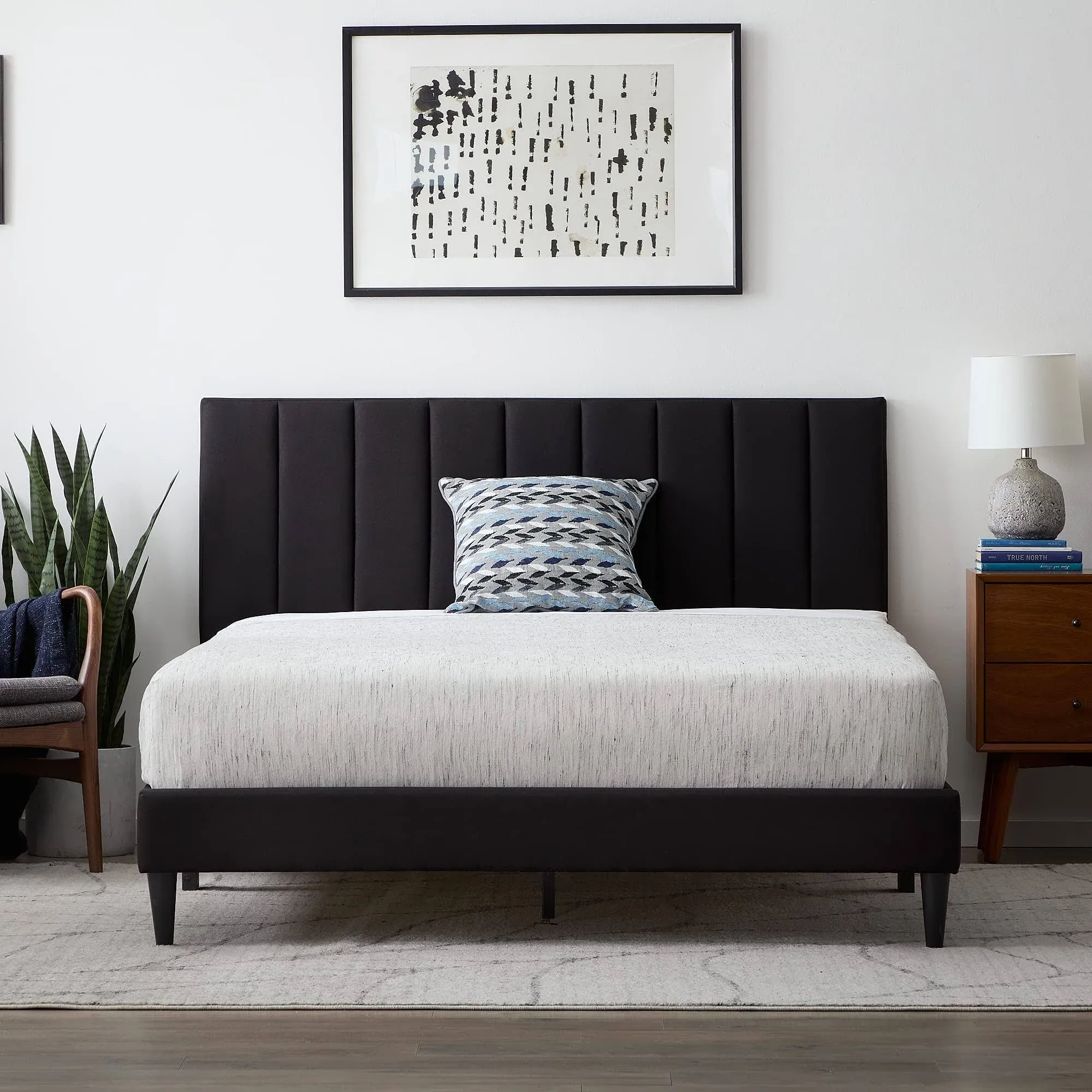 Lucid Full Bedframe with Vertical Channeled Headboard — Upholstered Platform Bed — Easy Assembly — Full Size — No Box Spring Needed — Black Color