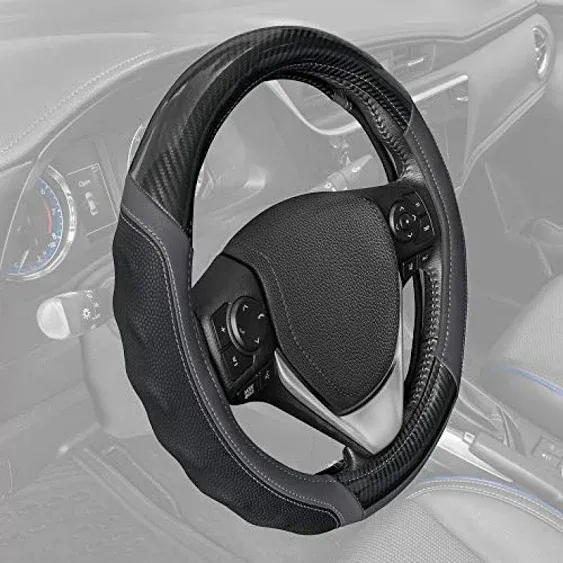 Motor Trend Gray UltraSport Pebbled Leather Steering Wheel Cover with Carbon Fiber Detail