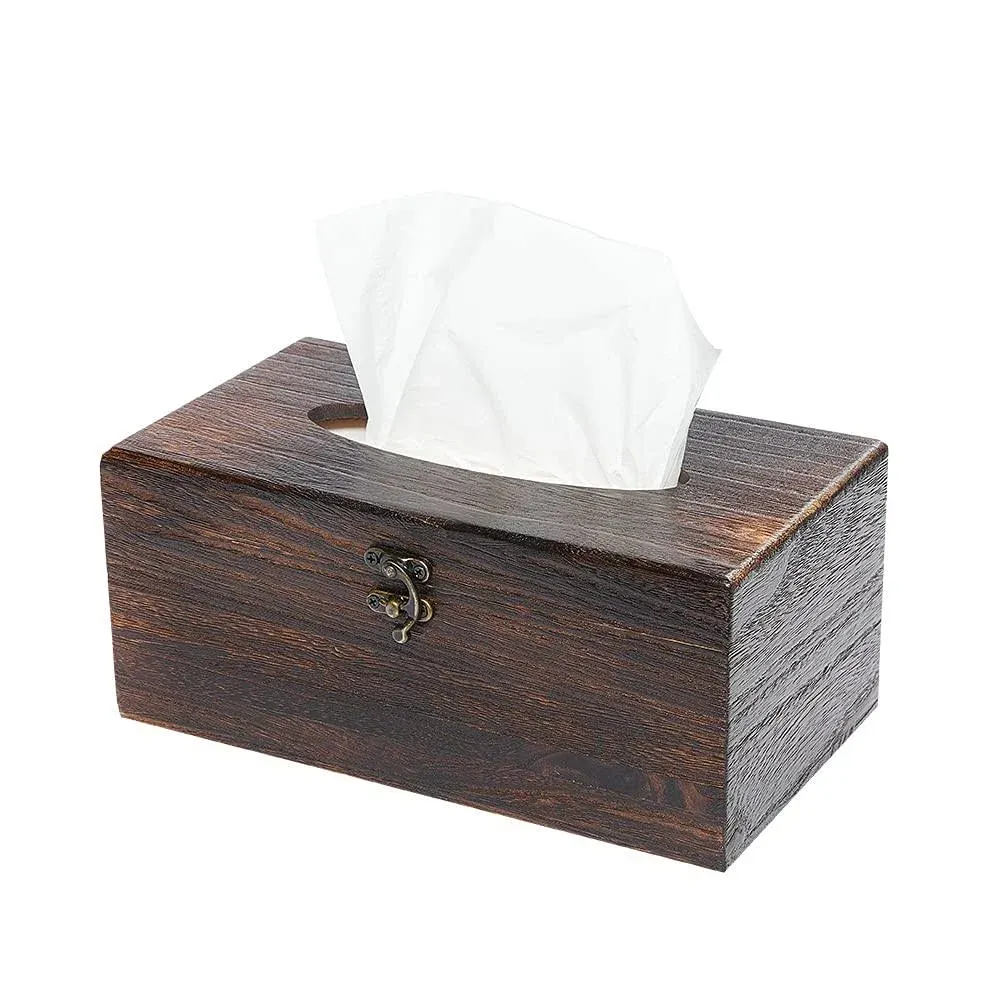 Rectangular Tissue Box Cover Decorative Wood Facial Tissue Holder with Hinged Lid Napkin Dispenser in Antique Style