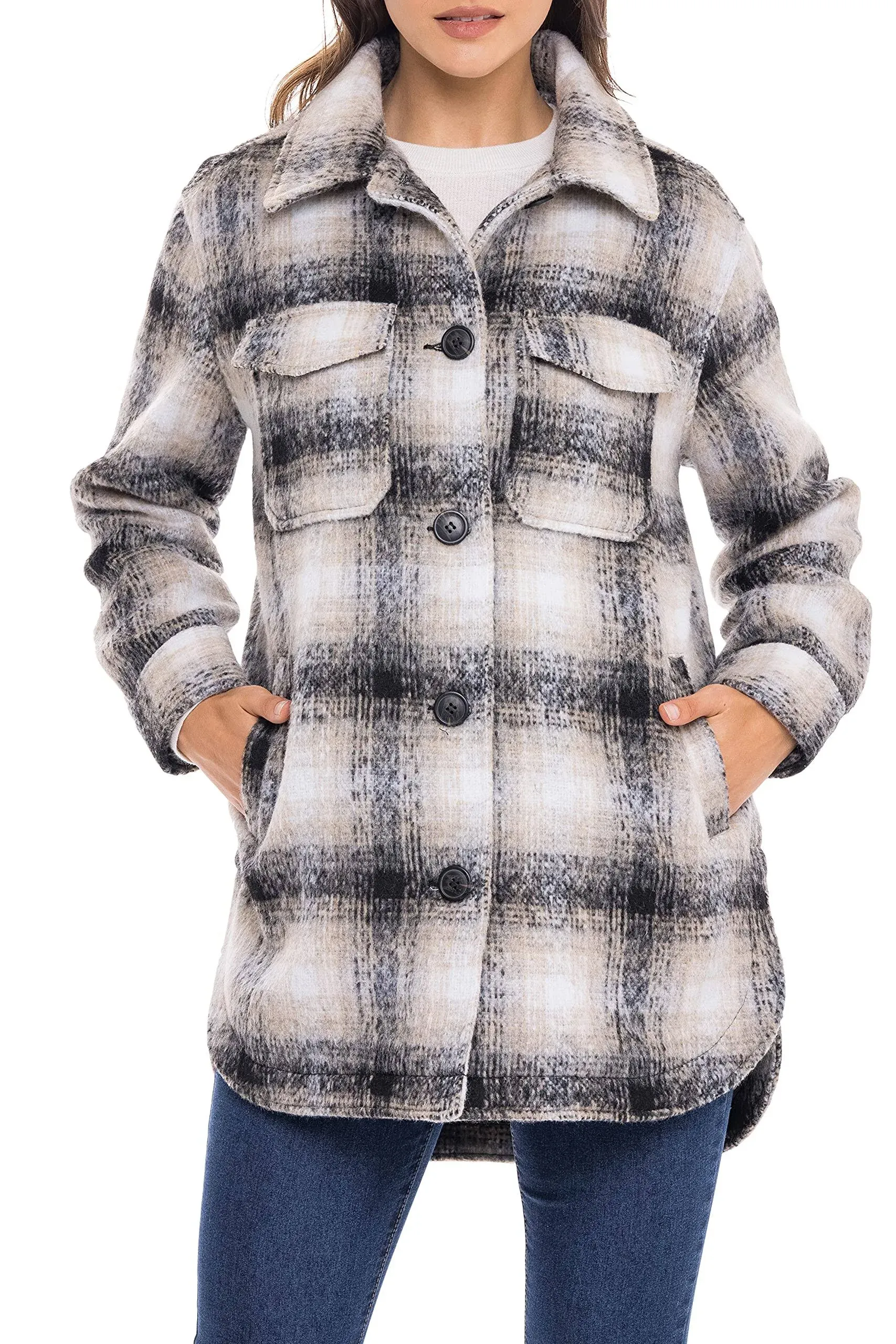 Sebby S.E.B Women's Shacket Oversized Jacket in Thick Plaid Wool Look Flannel Lined Shirt Coat