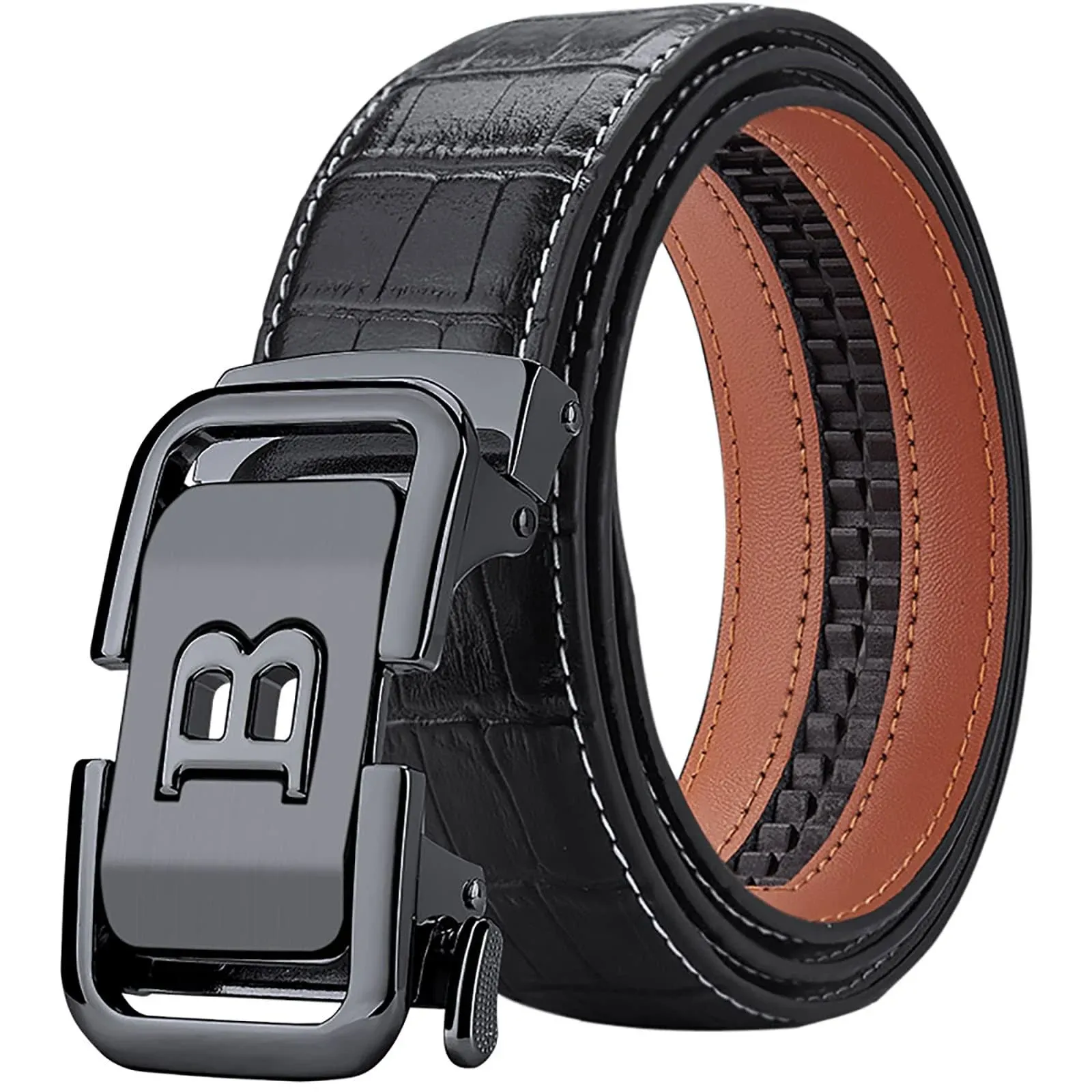 VANNANBA Mens Ratchet Belt Fashion Leather Casual Designer Belts with Letter B Buckle