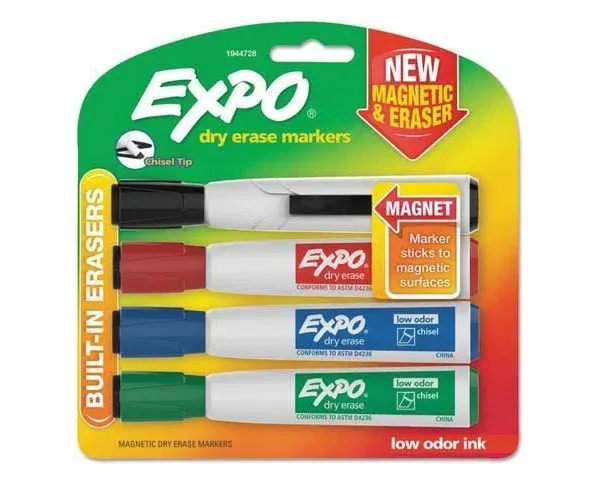 Expo 1944728 Magnetic Dry Erase Marker, Chisel Tip, Assorted, 4/Pack