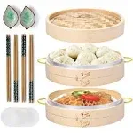 Bamboo Steamer Basket Set 10 inch Steamer for Cooking, with Side Handles Ceramic