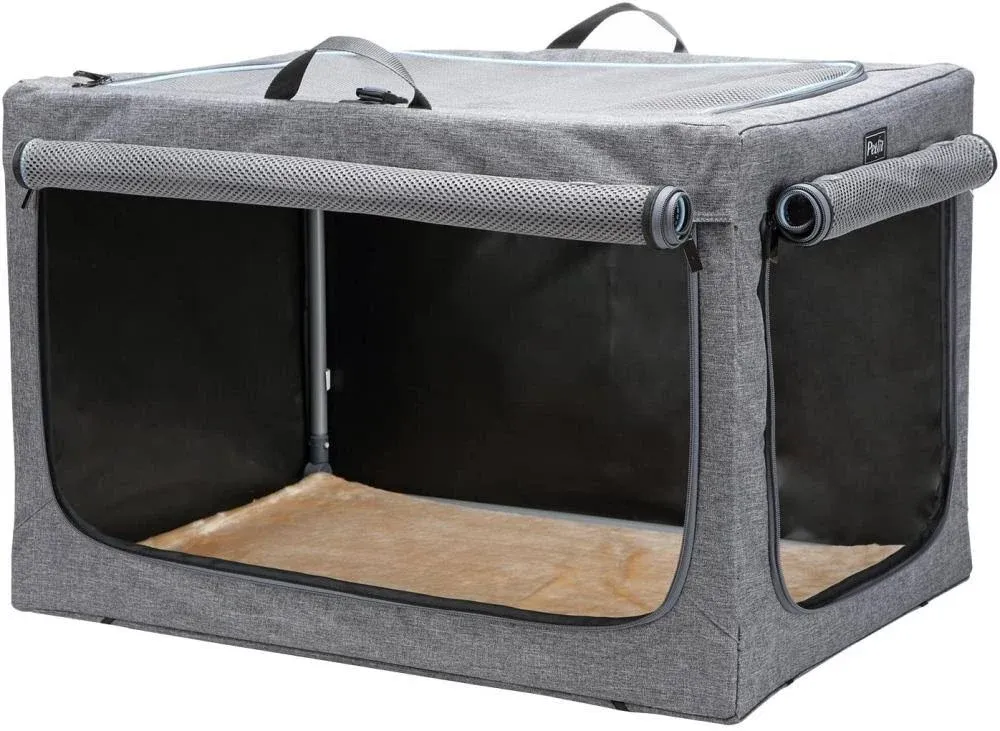 PETSFIT Travel Dog Crate, Soft Sided Dog Crate - 36 Inch Easy Set-up, Light, Sturdy, Comfy Inside with Thicken Mat, Collapsible Crate for Home and Travel Grey