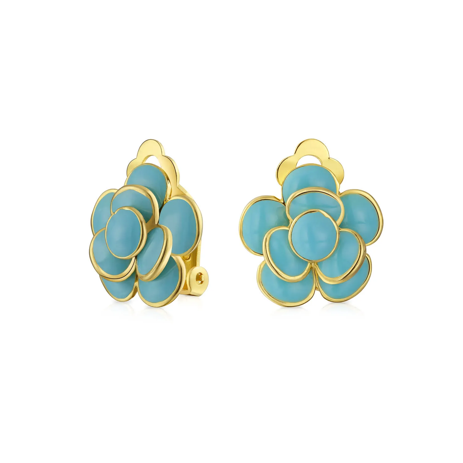 Pink Red Enamel Flower Crystal Edge Spring Retro Floral Rose Clip On Earrings For Women Non Pierced Ears 14K Gold Plated