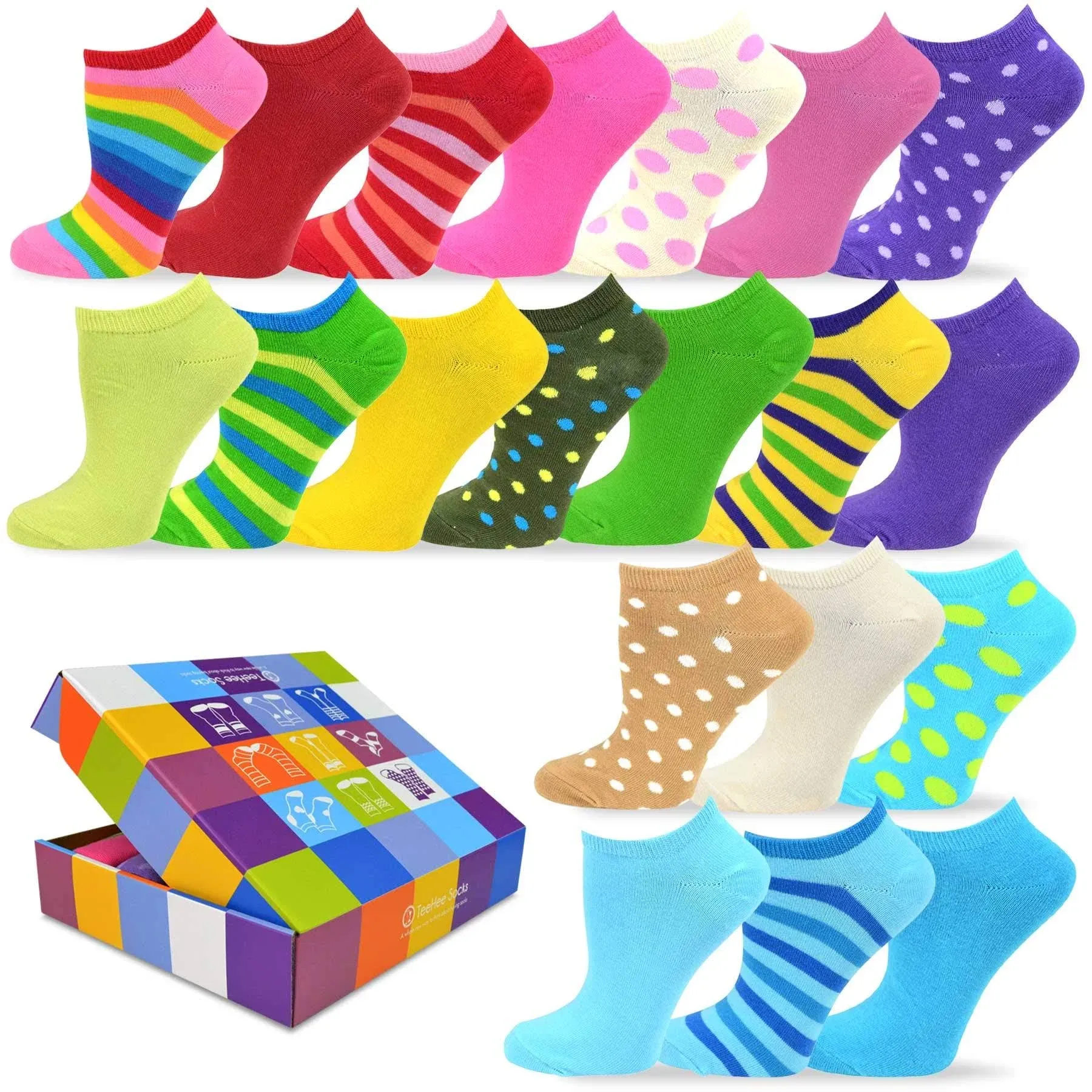 Teehee Women's Valued 20 Pack Fashion No Show Cotton Socks (rainbow and Dot)