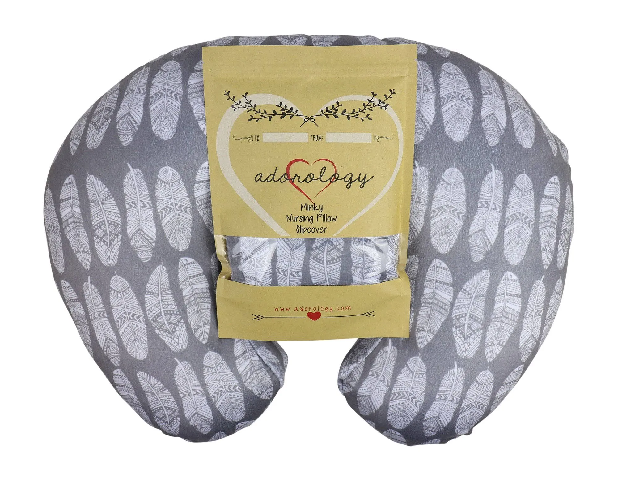 Minky Nursing Pillow Slipcover | Gray Feathers Design | Infant Breastfeeding Soft Pillow Cover | Great Baby Shower Gift for Any Mom to Be by Adorology