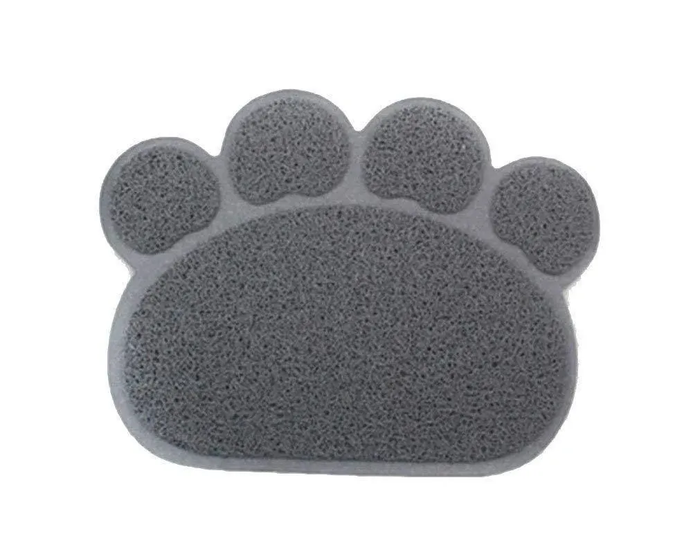 PVC Pet Dog Cat Puppy Kitten Dish Bowl Food Water Feeding Placemat, Non-Slip Cat Litter Mat Paw Shape, Grey Small